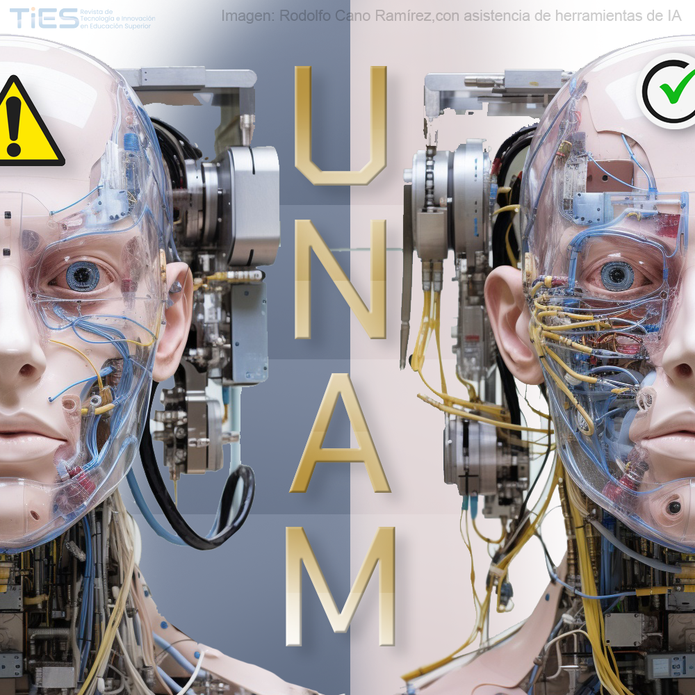 Ilustración que muestra la mitad del rostro de dos robots, entre ellos el texto UNAM escrito en forma vertical.